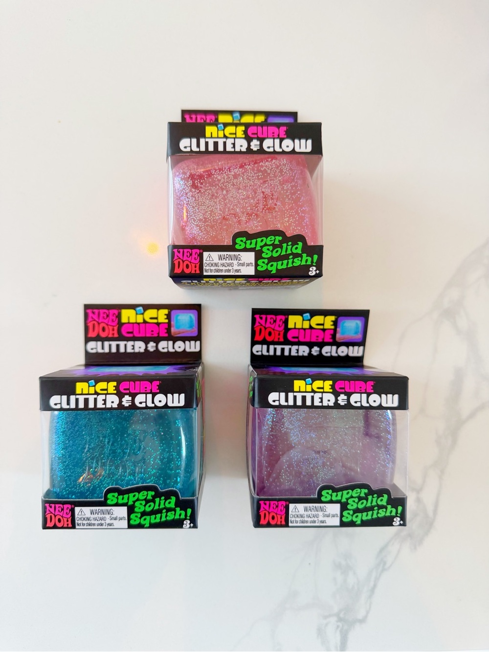 💖💙💜 NeeDoh Nice Cube Glitter & Glow Set of 3 Rare Color Collection Squishies NEW